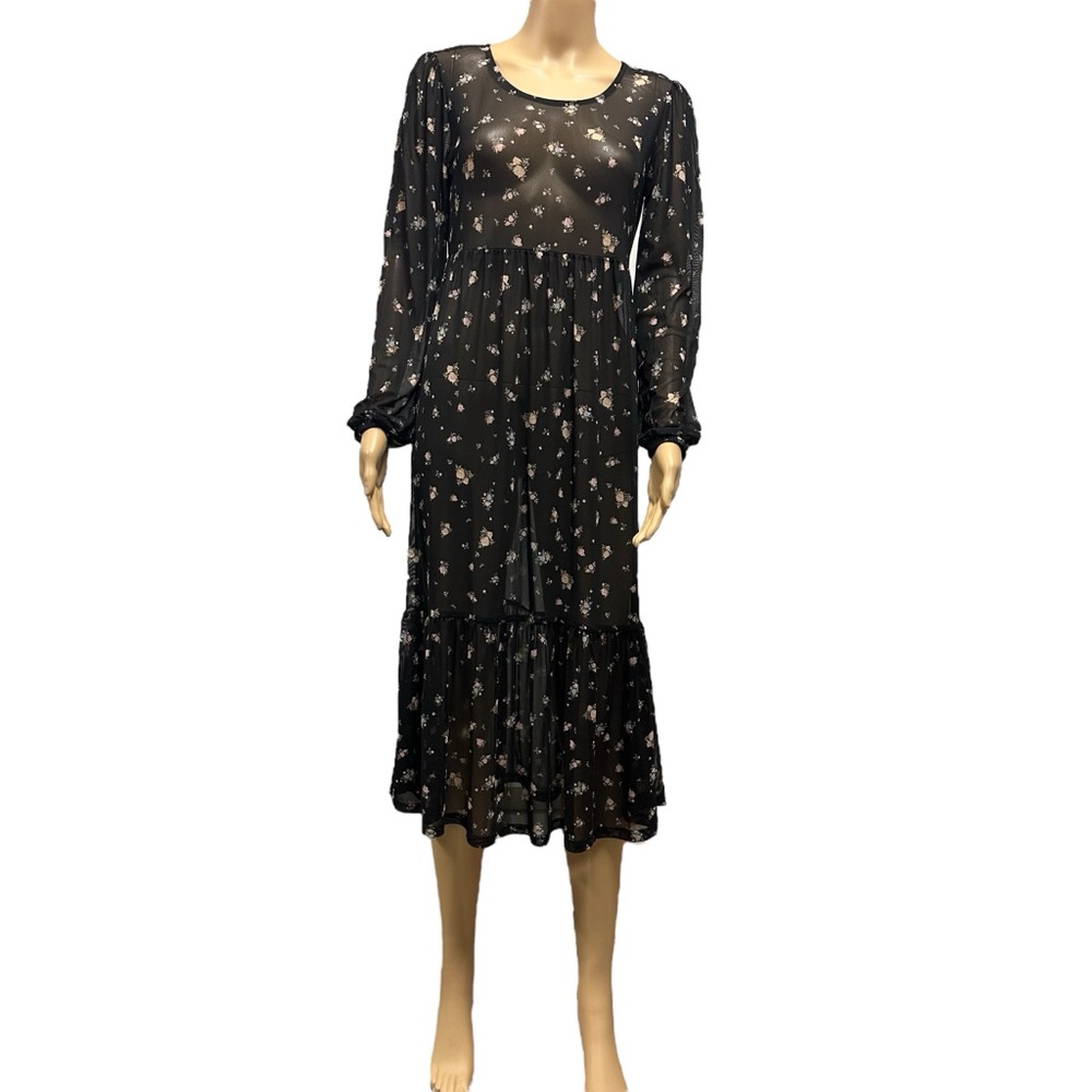 Ultra Flirt Black Floral Sheer Long Sleeve Keyhole Back Midi Coverup Dress Small